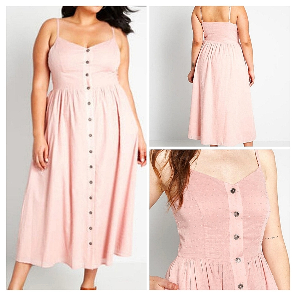 Modcloth 100% Cotton Charismatic Fit & Flare Swiss Dot Button Midi Dress